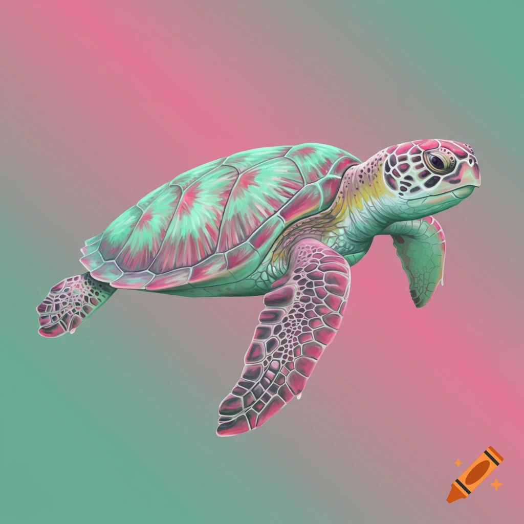 An abstract sea turtle with glowing details, featuring mint green and pink colors, on a gradient background.