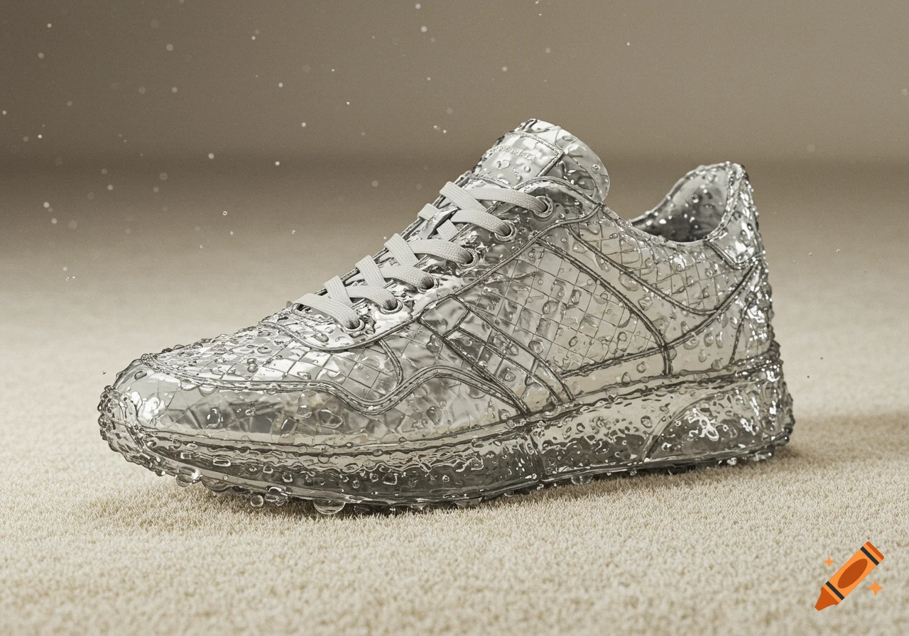 A photorealistic close-up of a silver, translucent sneaker made of water with droplets, sitting on a light beige carpet.