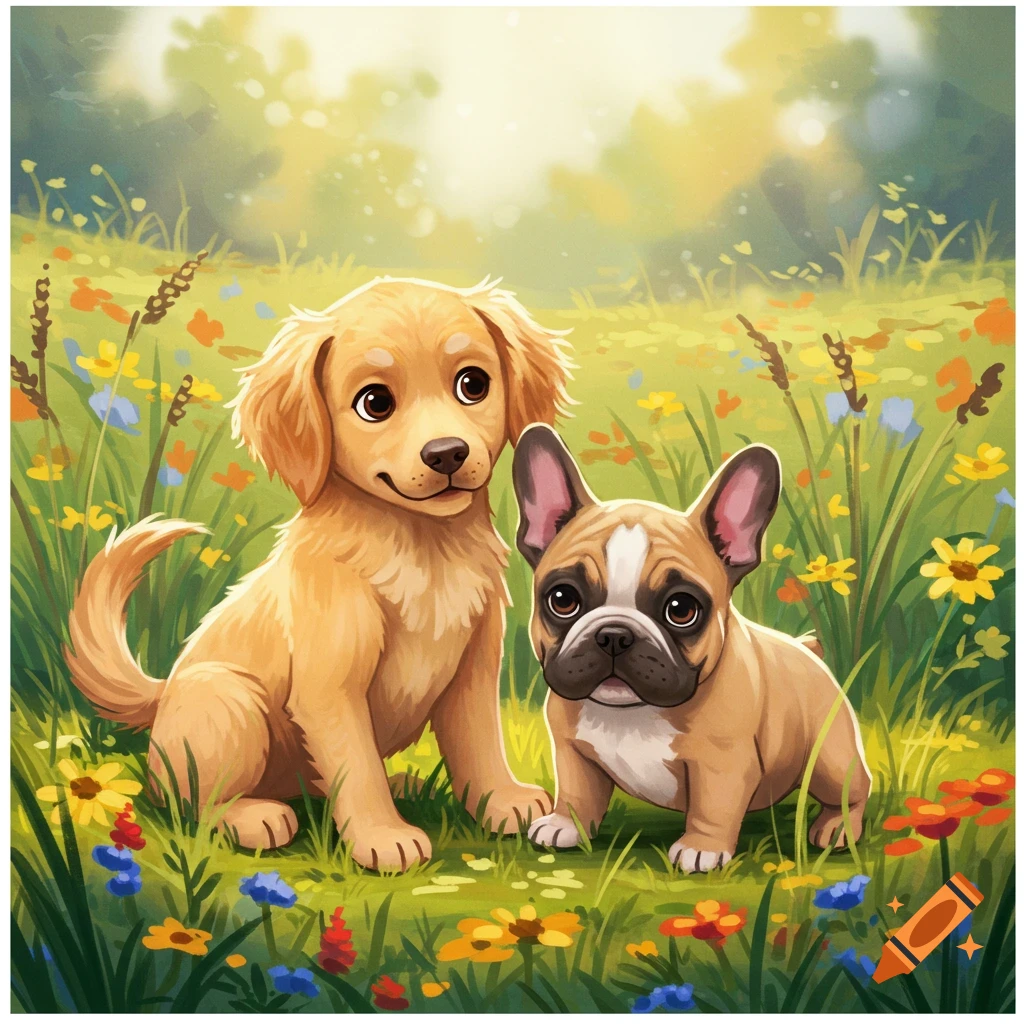 Two cute puppy friends, a golden retriever and a french bulldog, sitting in a field of wildflowers. Whimsical illustration.