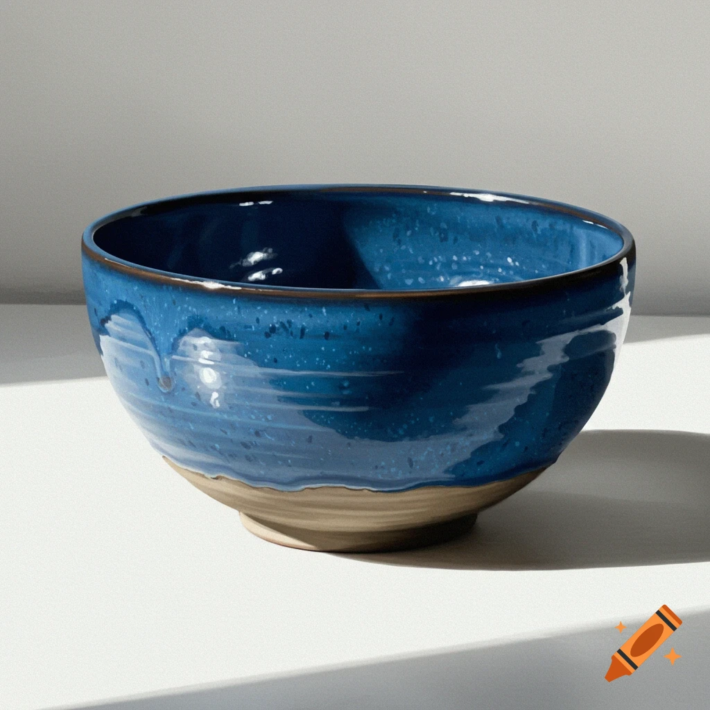 A vibrant blue ceramic bowl with a rustic unglazed base sits on a white surface, illuminated by natural light casting shadows.