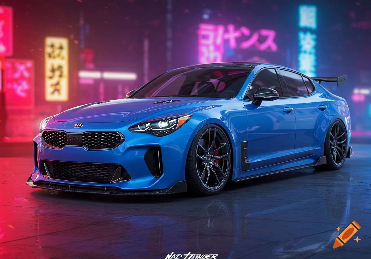 A blue 2019 Kia Stinger sports car with carbon fiber accents parked on a wet street under neon lights in a futuristic city.