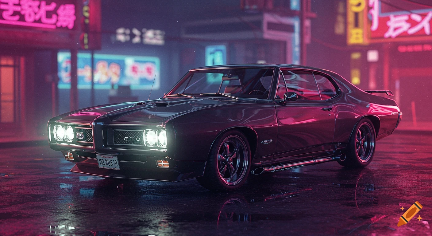 A dark 1969 Pontiac GTO parked on a wet, neon-lit street in a cyberpunk city at night.
