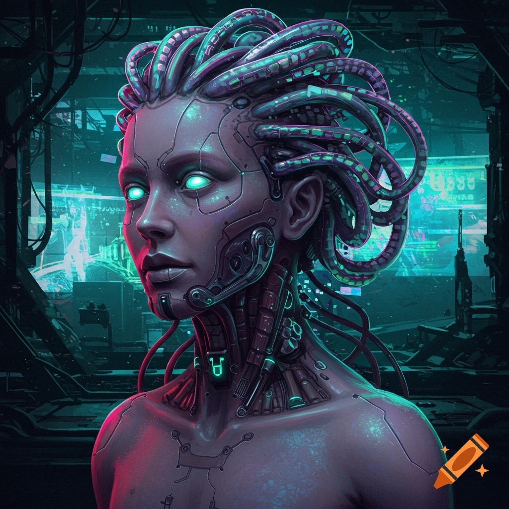 A close-up of a biopunk cyborg woman with glowing eyes and intricate metallic facial features, amidst a dark, neon-lit sci-fi environment.