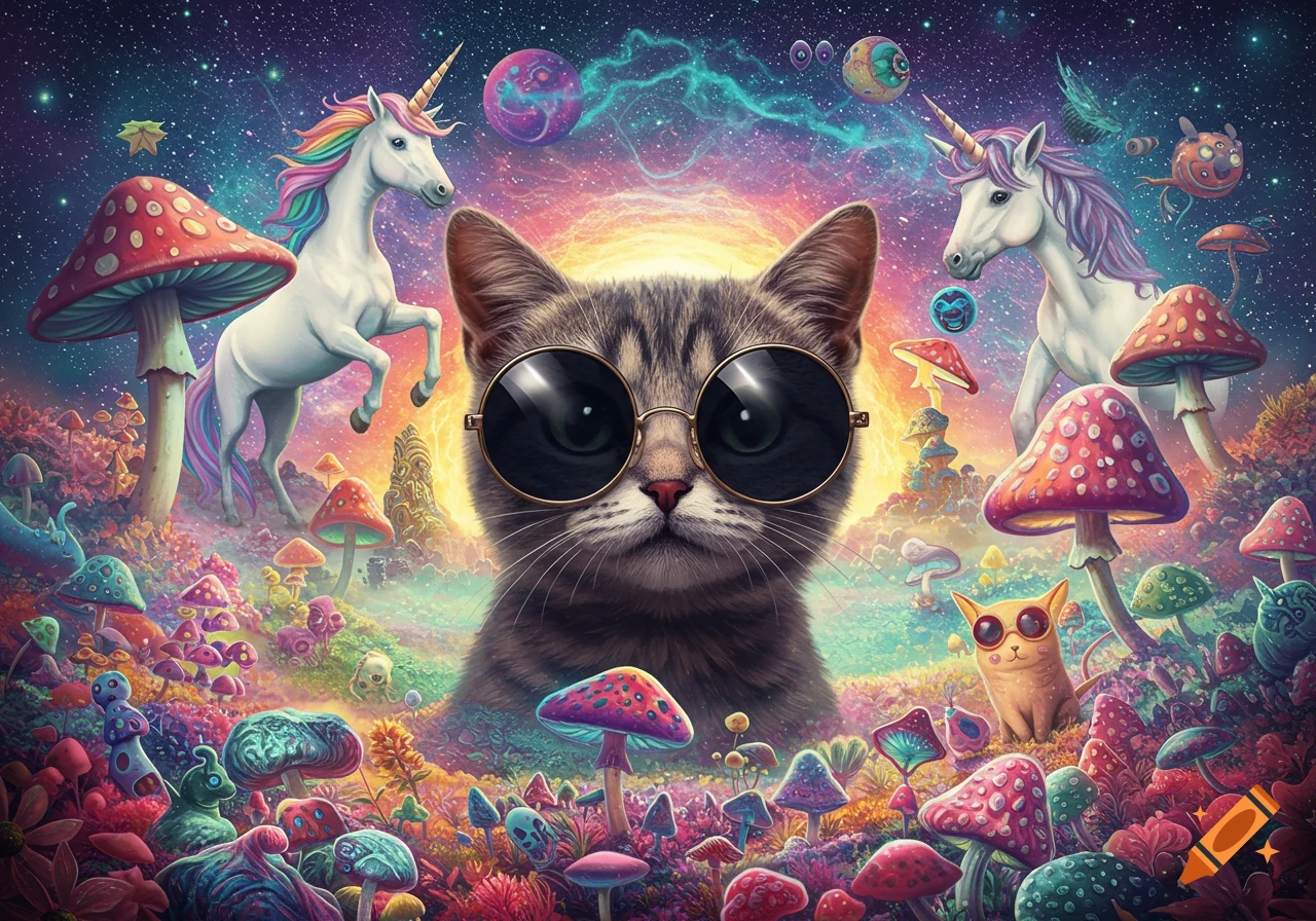 A cute cat in black sunglasses in a vibrant, psychedelic fantasy world with unicorns, colorful mushrooms, and a starry sky.