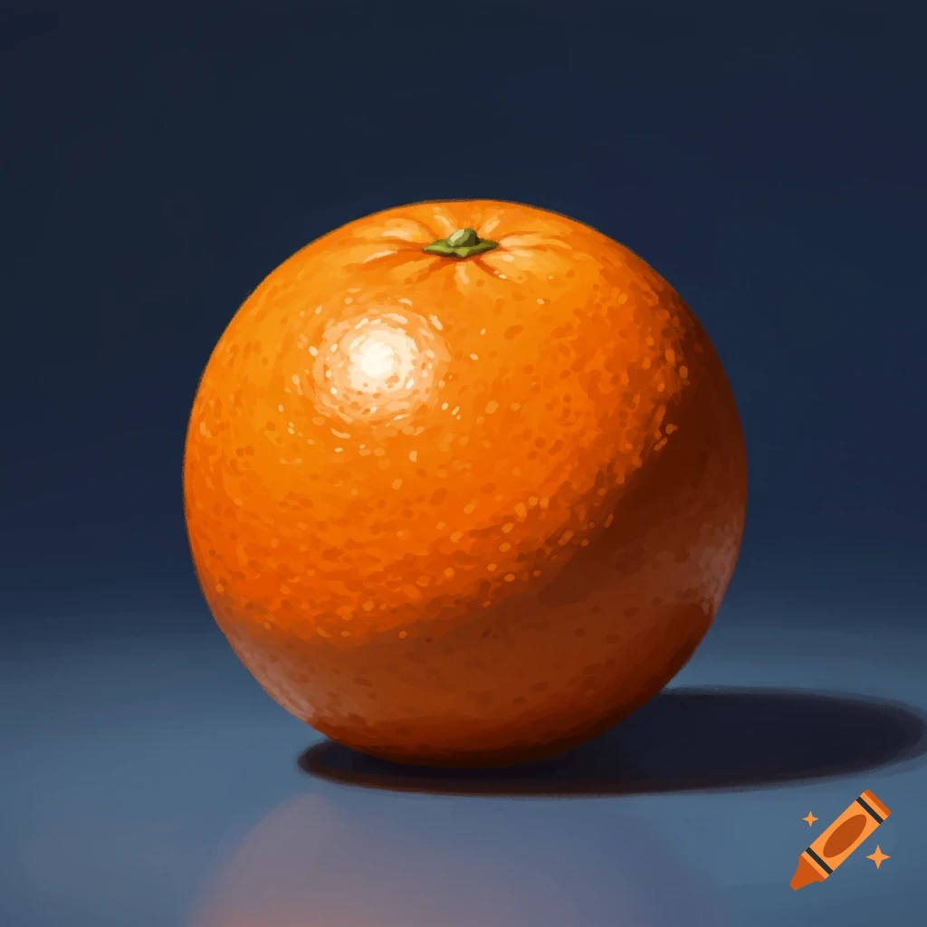 A vibrant orange with a green stem sits on a dark blue surface, illuminated by a bright highlight, in a painterly style.