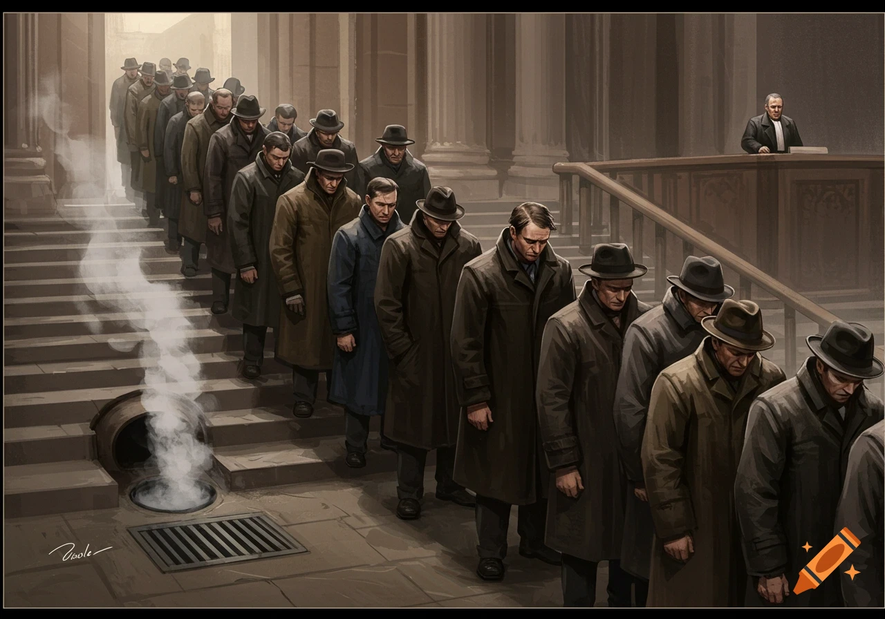 A long line of men in coats and hats stand on courthouse steps, as steam rises from a sewer grate. A foreman stands above them.