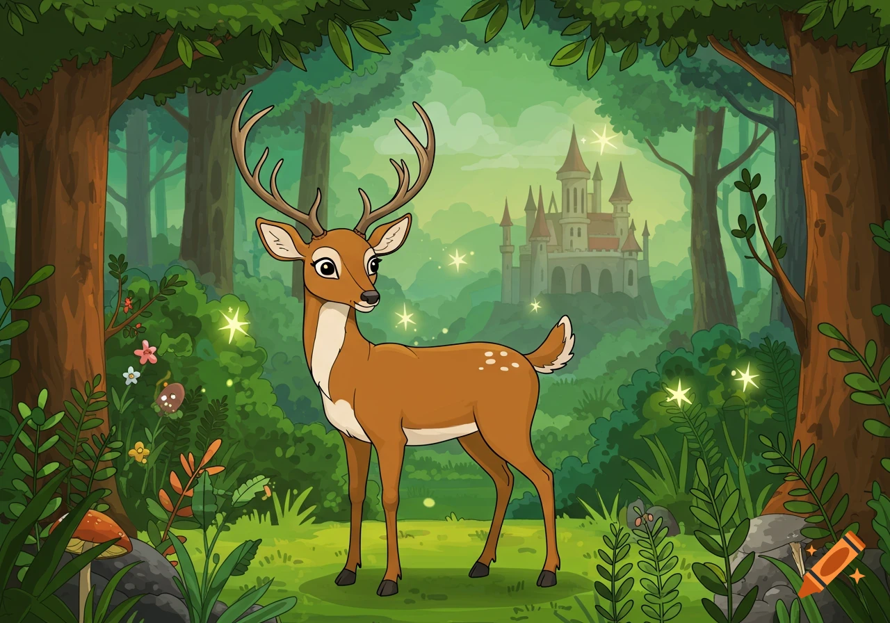 A cartoon deer with antlers stands in a magical forest with a castle in the distant background, featuring a bold outline style.