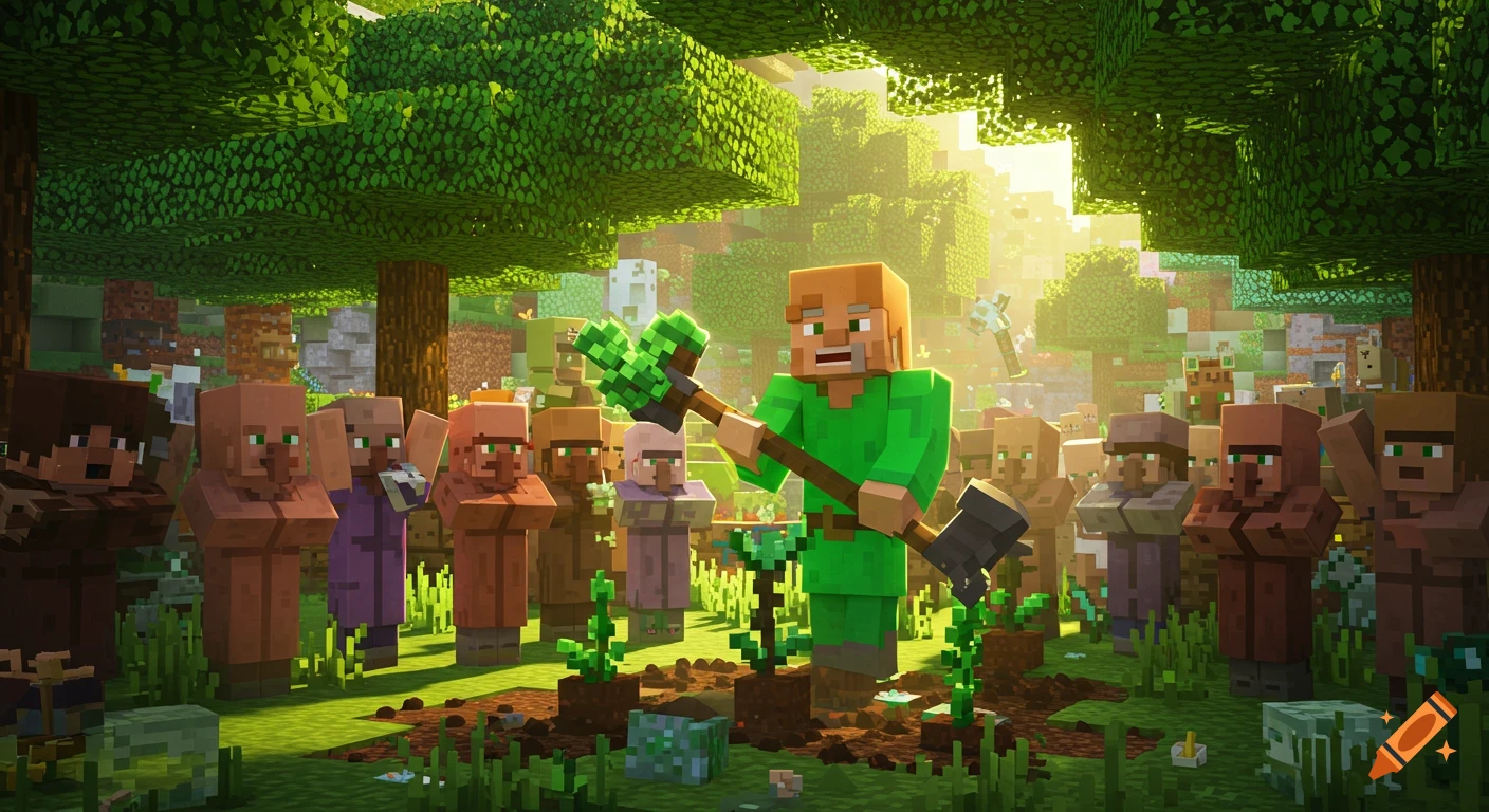 A Minecraft person plants a tree in a sunny, blocky forest, surrounded by cheering villagers.