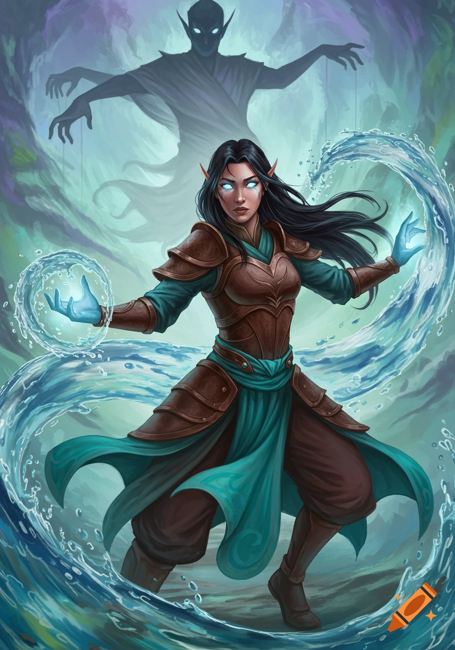 A female elf-like character with glowing eyes casts water spells, with a shadowy figure looming behind her.