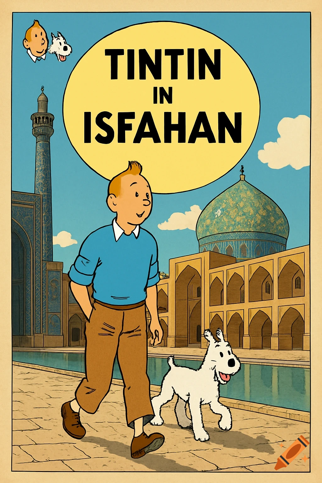 Tintin and Snowy walk in front of a mosque and minaret in Isfahan, comic art style.