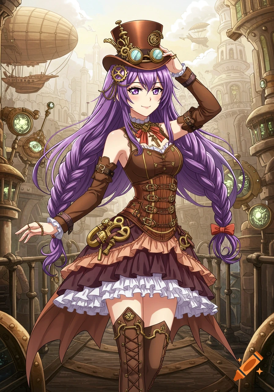 Anime character with purple hair in a detailed steampunk outfit stands in a steampunk city with airships.