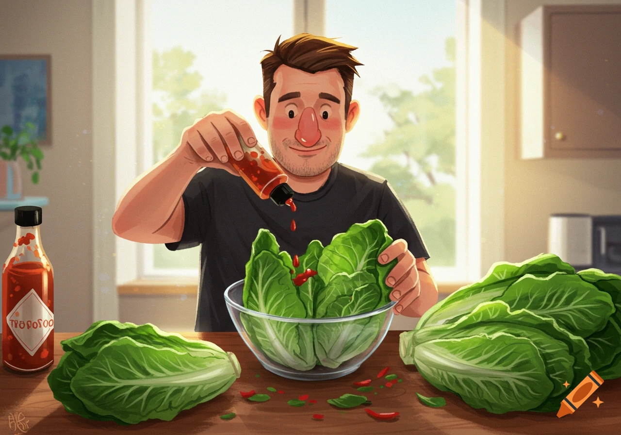 Cartoon man adding hot sauce to a bowl of romaine lettuce in a sunny kitchen.