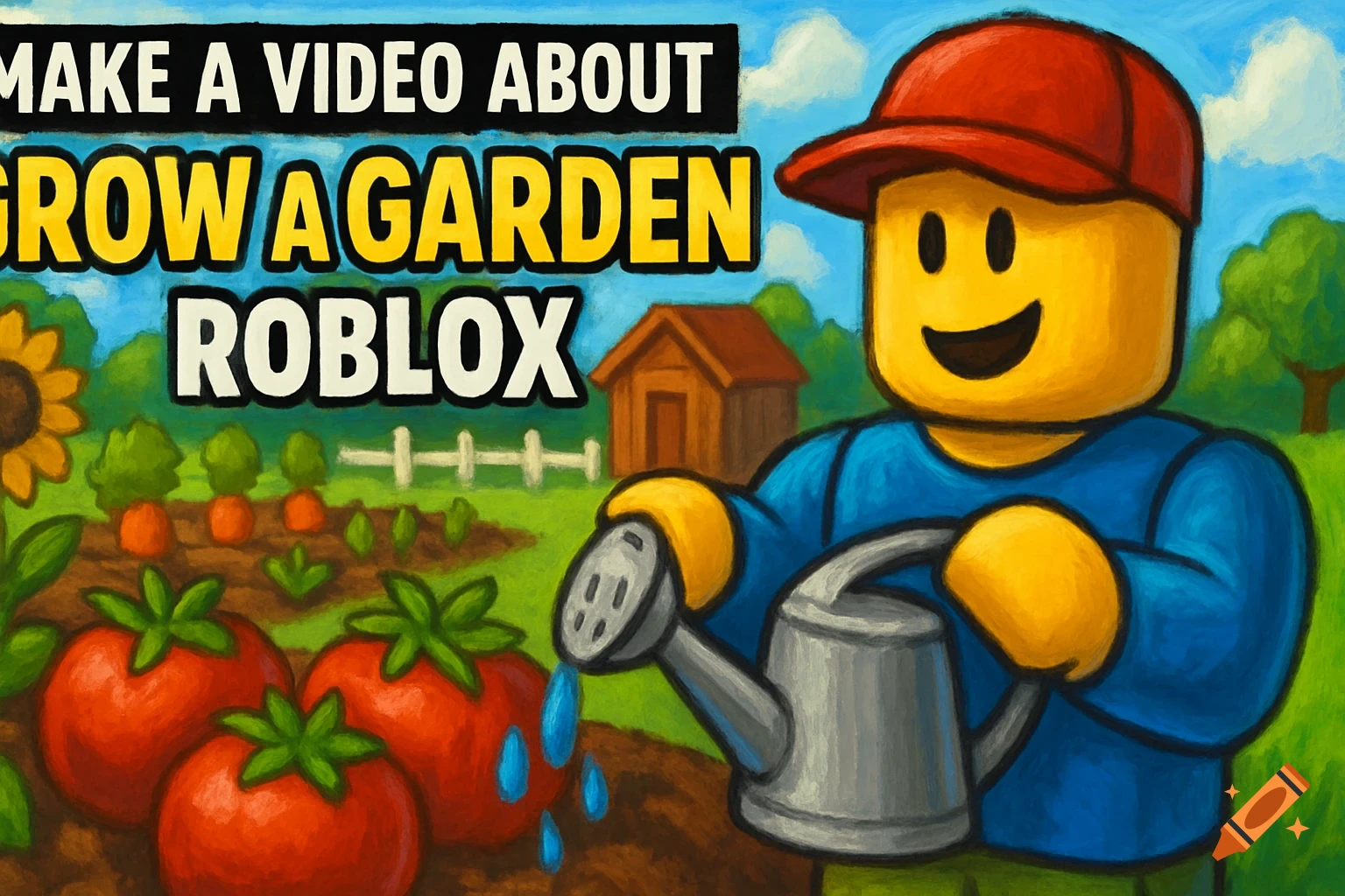 A Roblox-style character in a garden, watering plants and tomatoes, with text 'MAKE A VIDEO ABOUT GROW A GARDEN ROBLOX'.