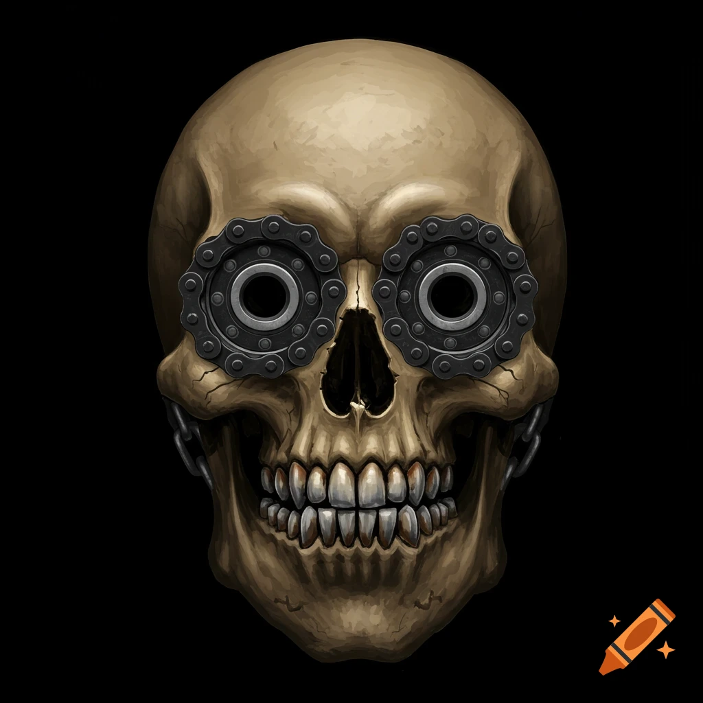 Stylized skull with metallic bike chain teeth and skateboard bearing eyes on a black background.