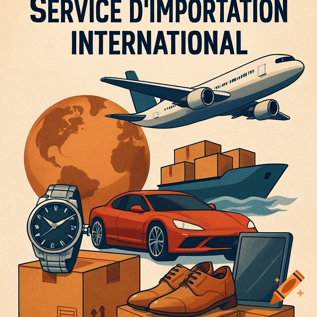 Illustration for international import services featuring a plane, ship, globe, luxury goods, and text 'SERVICE D'IMPORTATION INTERNATIONAL'.
