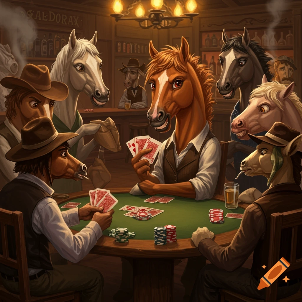 Illustration of anthropomorphic horses playing poker at a saloon table in a western setting.