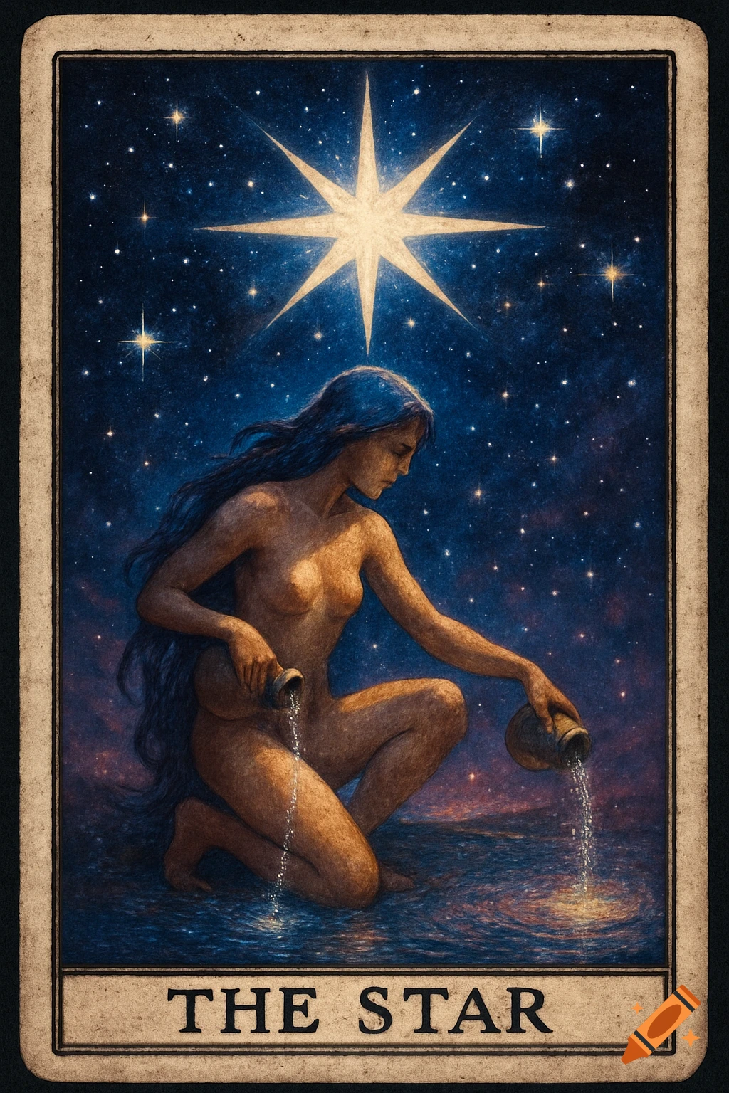A woman pours water from two jugs under a giant star in a cosmic night sky, resembling a tarot card titled 'THE STAR'.