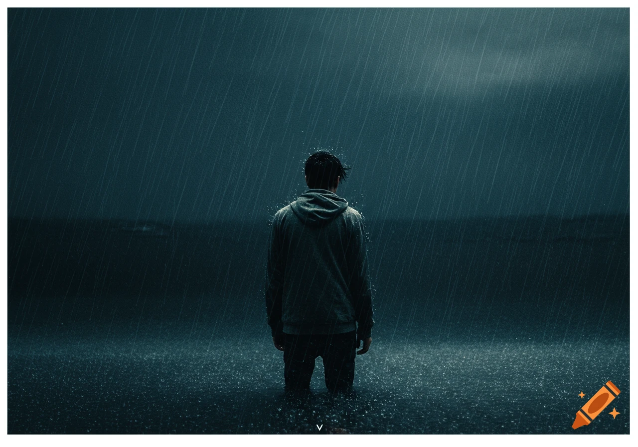 A person wearing a hoodie stands in heavy rain, viewed from behind, with water splashing around them.