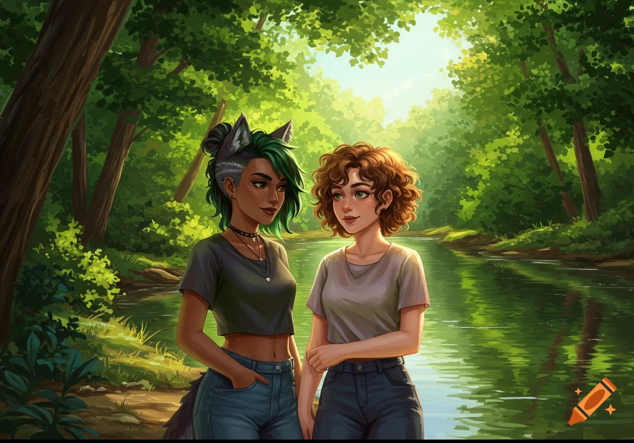 Illustration of two young women, one with wolf ears and a green-highlighted wolf-cut, standing by a river in a sunlit forest.