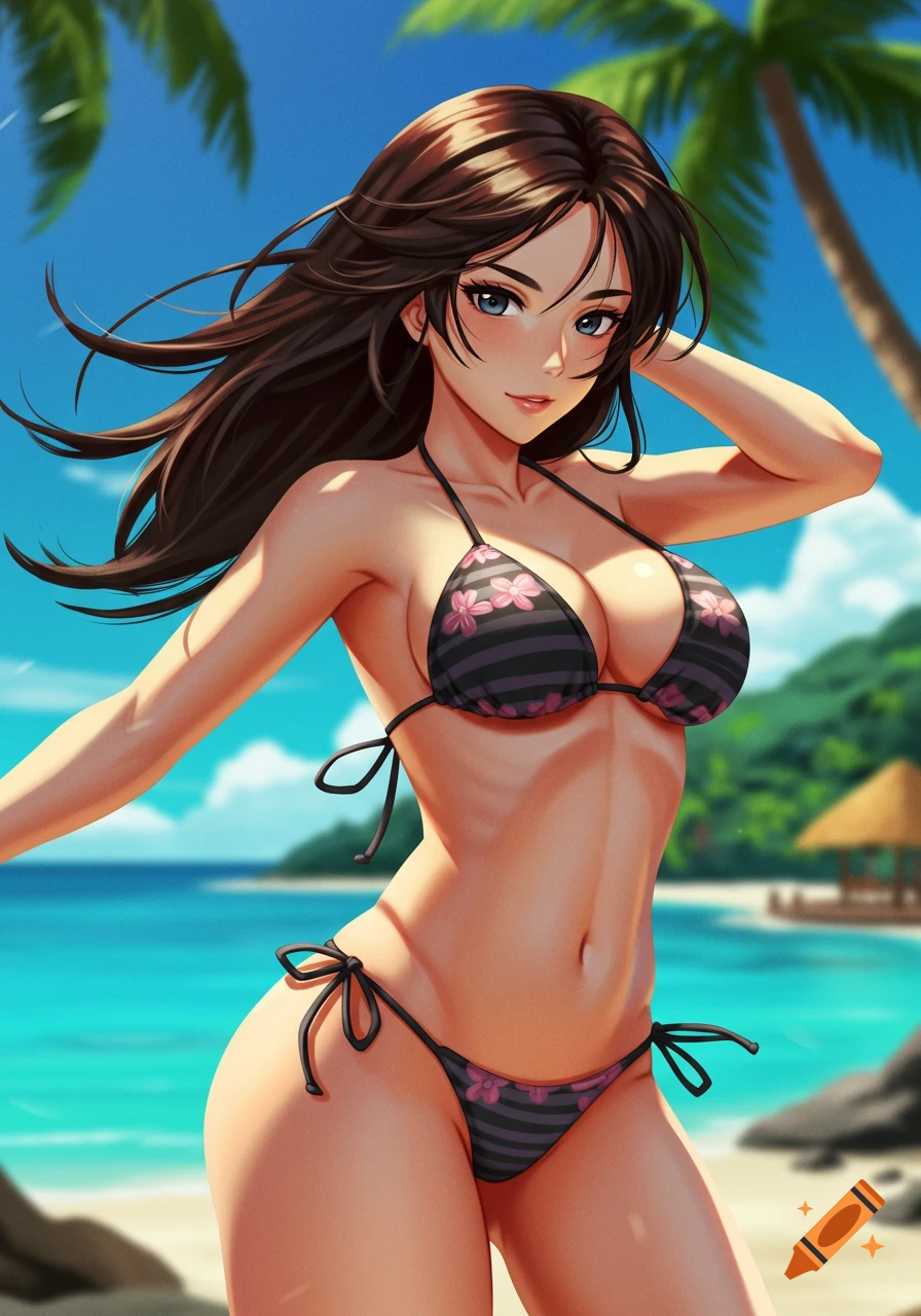 Anime woman in a black and pink floral bikini on a sunny beach with palm trees.
