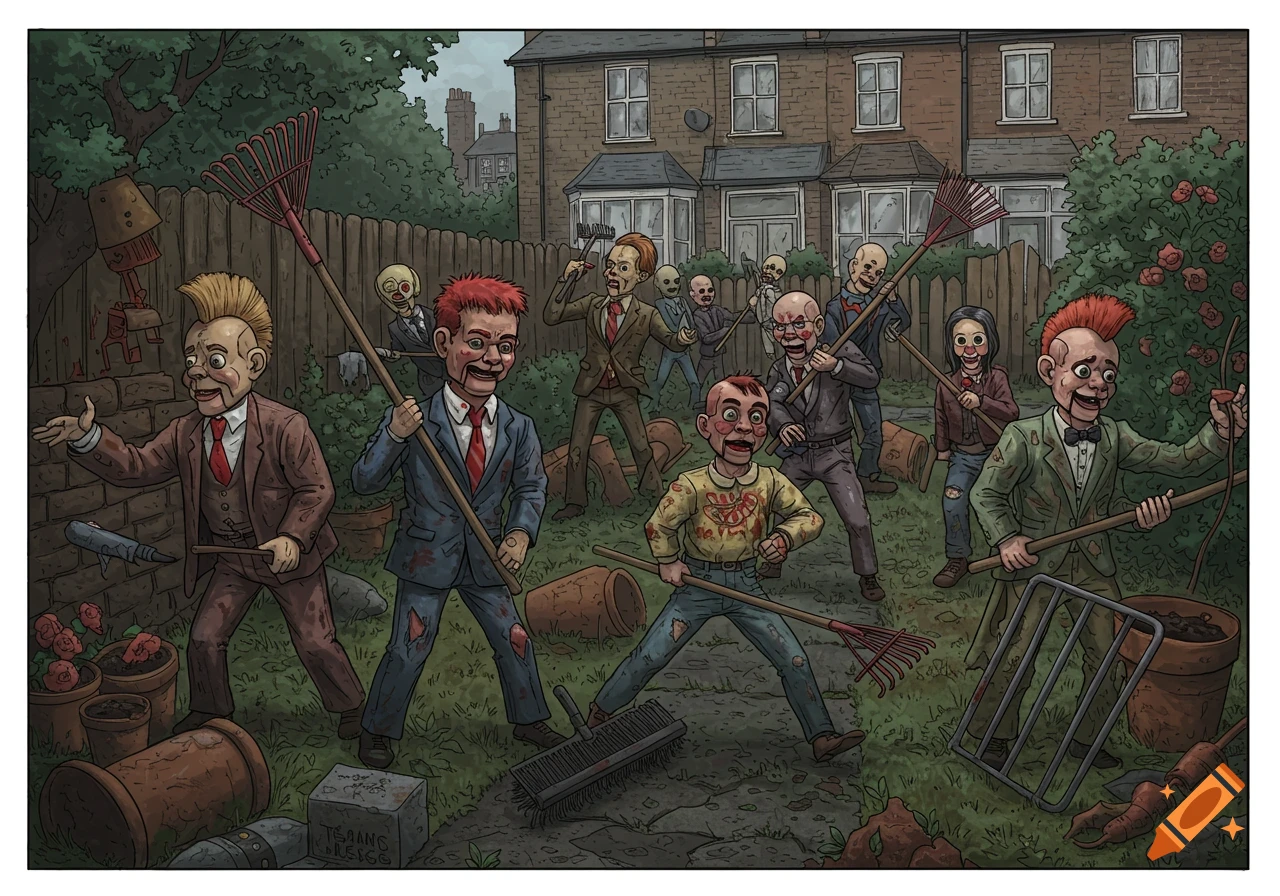 A stylized cartoon illustration depicts a horde of creepy ventriloquist dummies, some with punk hairstyles and blood stains, brandishing garden rakes and brooms in a messy garden outside a London house.