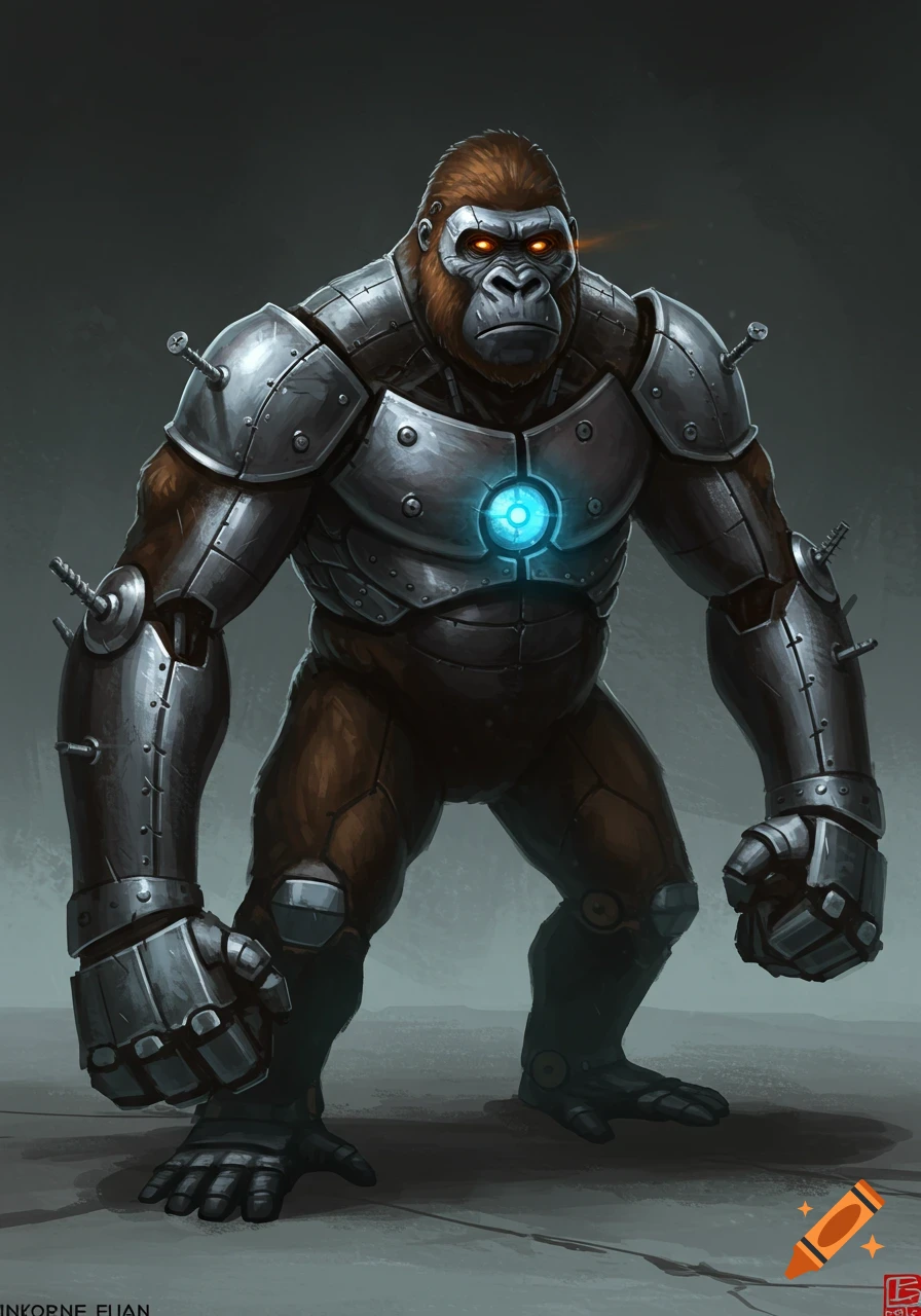 An imposing armored gorilla with glowing orange eyes and a blue chest light, standing against a dark background in a digital painting style.