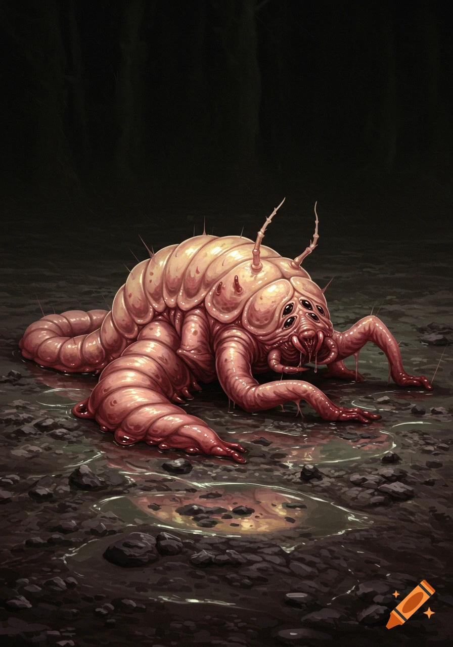 A grotesque, fleshy, multi-eyed creature with segmented body and limbs crawls on dark, wet ground.