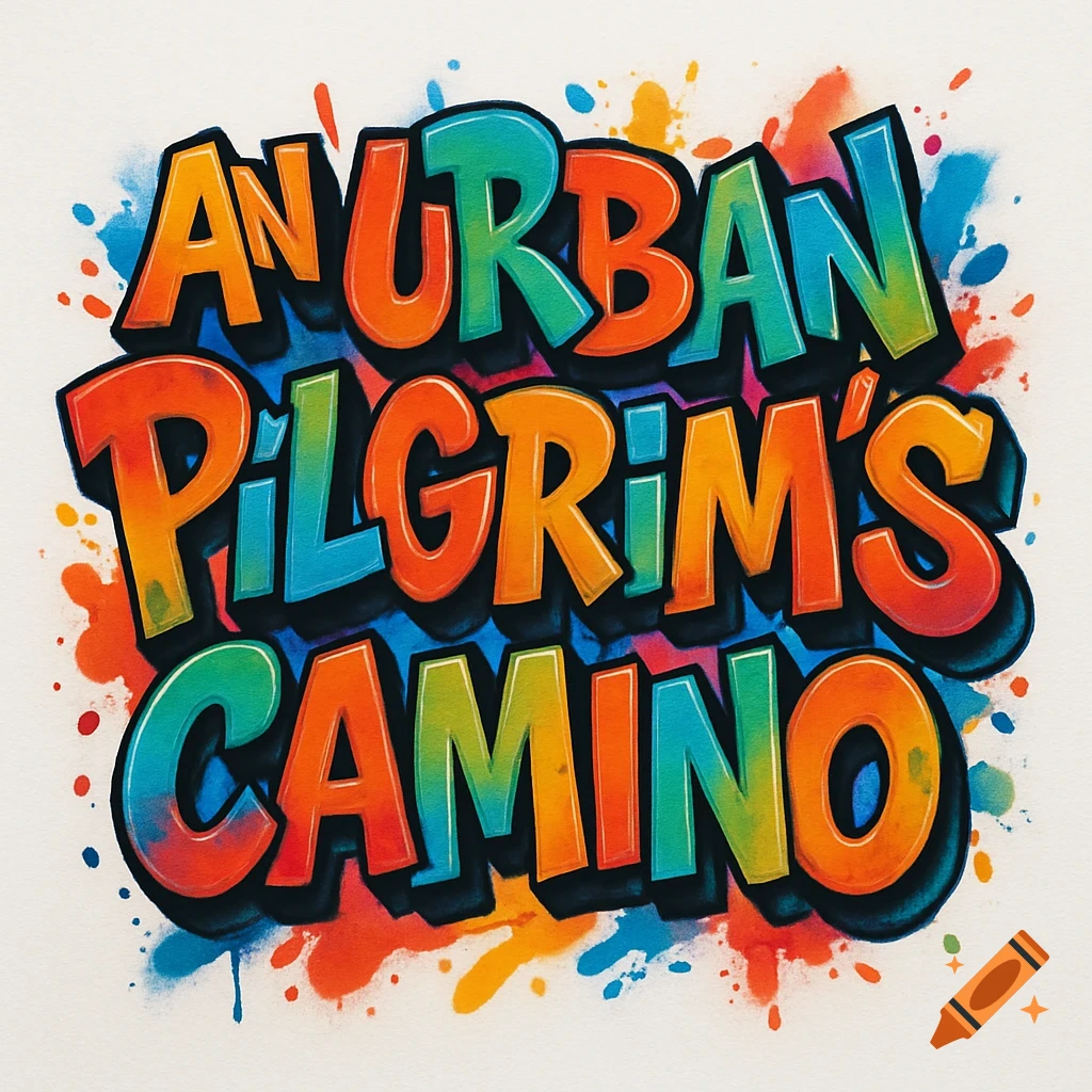 Colorful graffiti art reading 'An Urban Pilgrim's Camino' in a vibrant street art style on a white background.