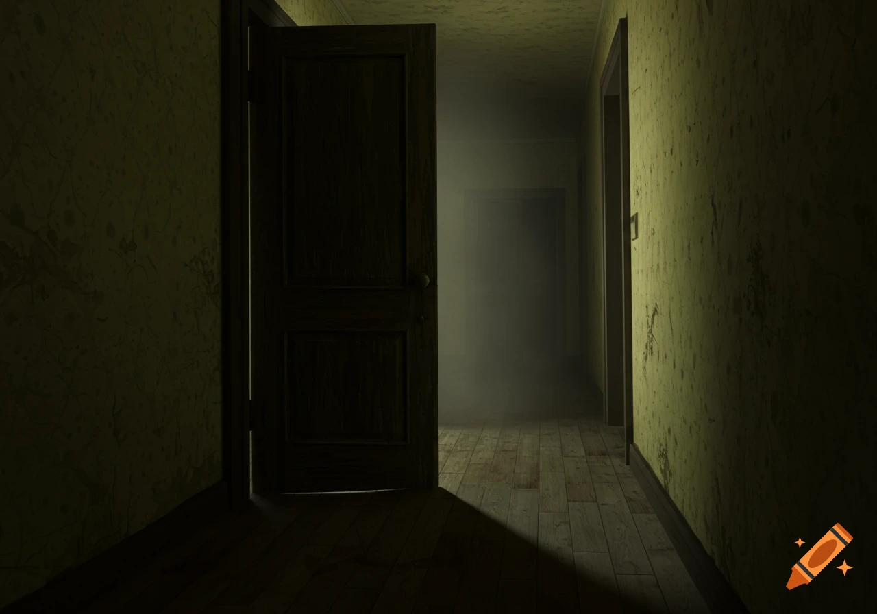 A dark, atmospheric hallway with an open wooden door revealing a hazy, light-filled room. Grungy walls and wooden floorboards.