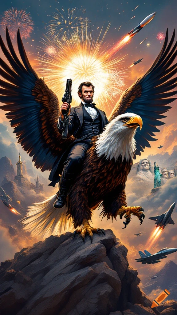 Abraham Lincoln riding a bald eagle, holding a machine gun, with fireworks, jets, Mount Rushmore, and the Statue of Liberty in an epic style.