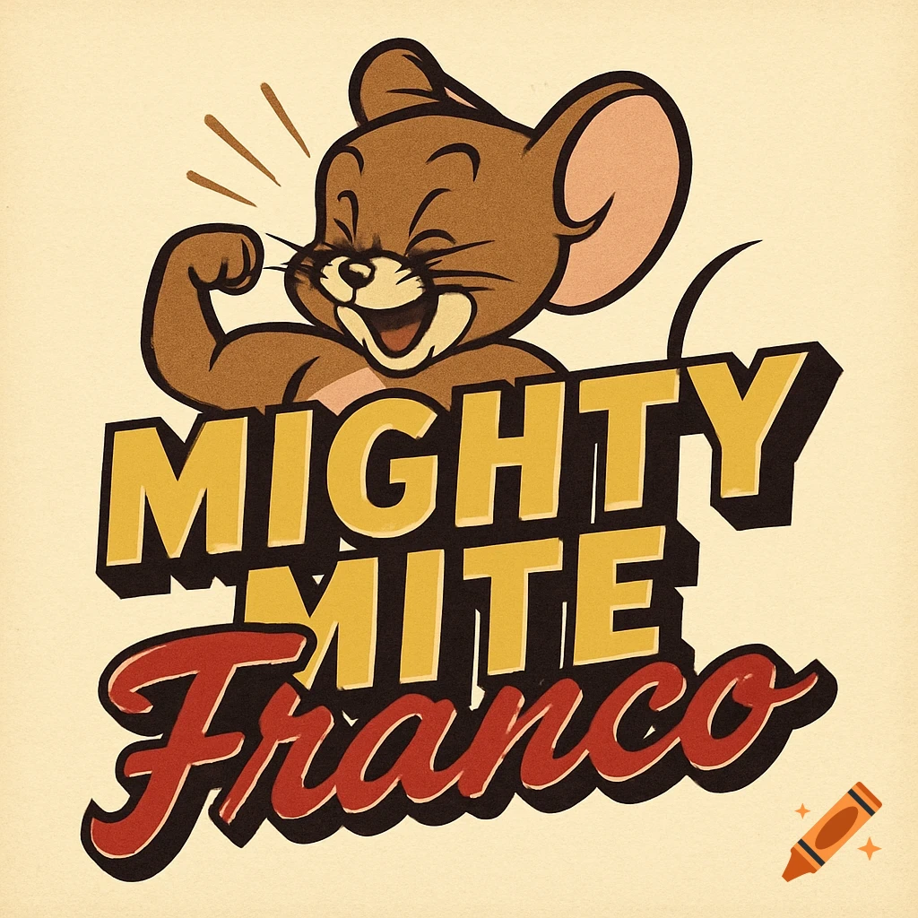 A vintage 50s-style logo featuring Jerry the mouse flexing, with the text "Mighty Mite Franco" below him.