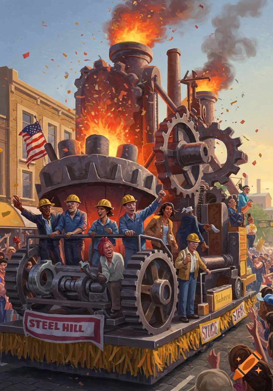 A vibrant, painterly illustration of a steel mill-themed parade float with workers waving to a crowd, featuring large gears and fiery smokestacks.
