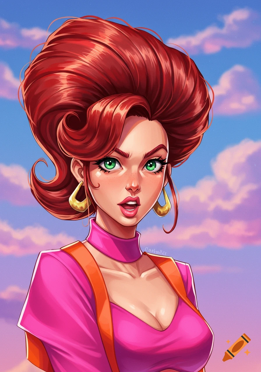 A vibrant cartoon illustration of a woman with large red hair and green eyes, wearing a pink top, against a cloudy sky.