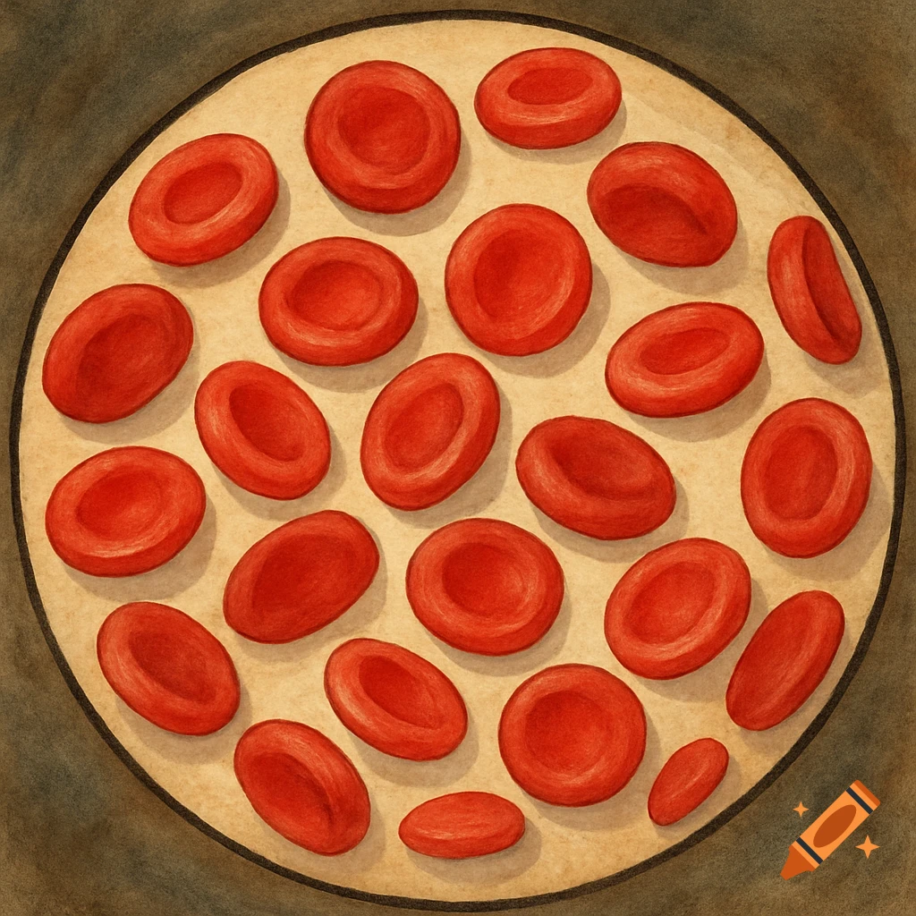 Multiple red blood cells, disc-shaped with pale centers, viewed through a circular lens against a beige background.