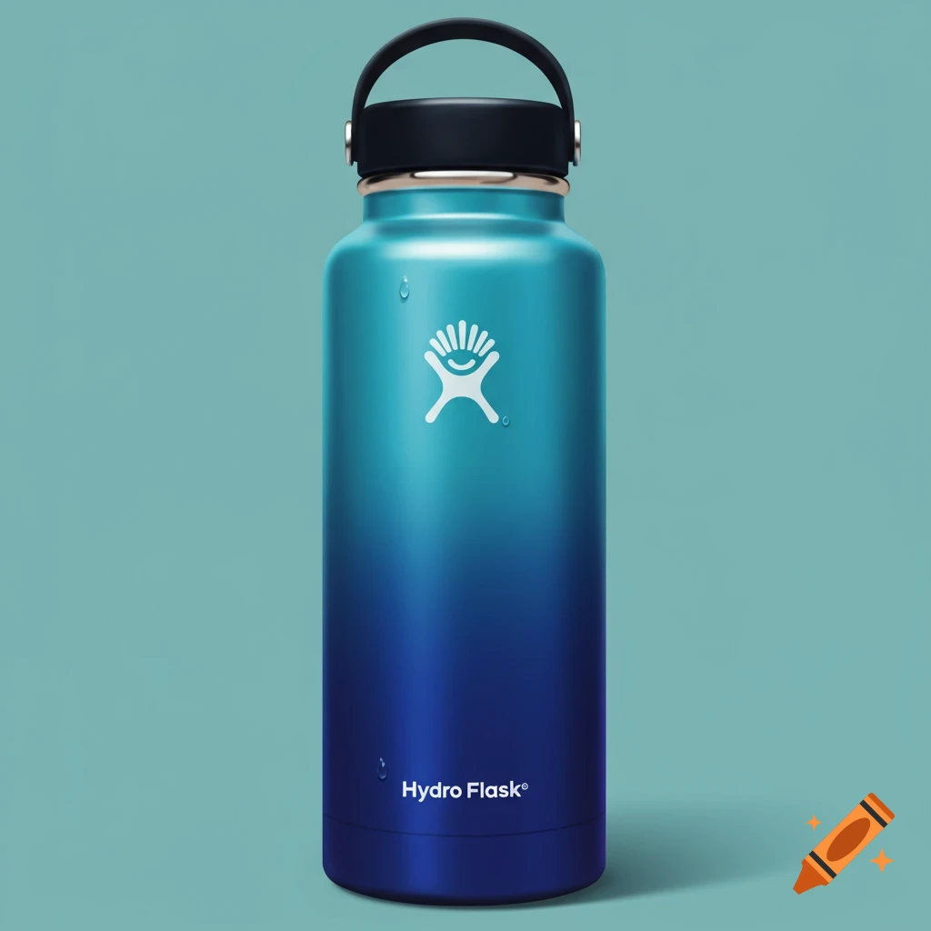 A blue and green gradient Hydro Flask water bottle standing upright against a teal background.