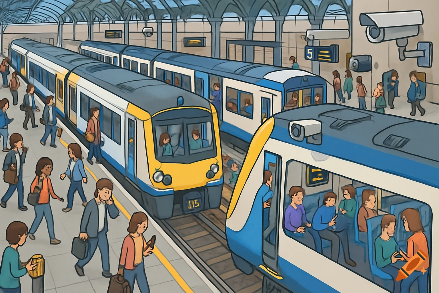 A busy cartoon-style train station with multiple trains, passengers on platforms, and some seated inside the carriages.