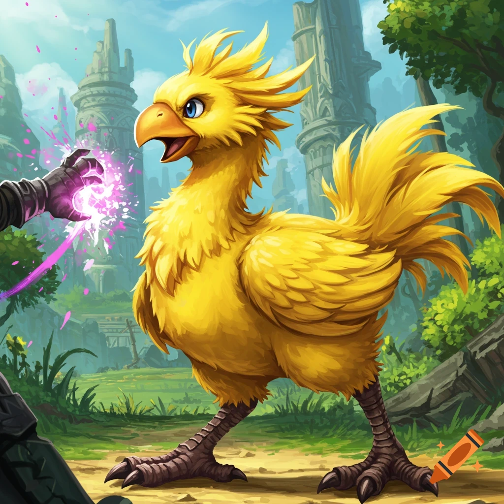 A vibrant, stylized image of a large yellow Chocobo standing in a lush fantasy landscape, with a hand casting a purple magic spell nearby.