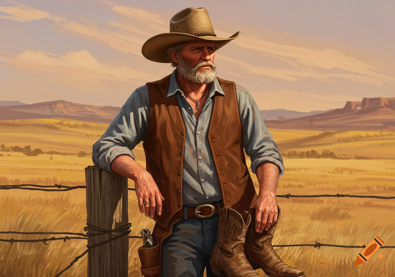 A rugged, bearded cowboy in a hat and vest leans on a fence post in a dry, grassy western landscape, holding his boots. Digital painting.