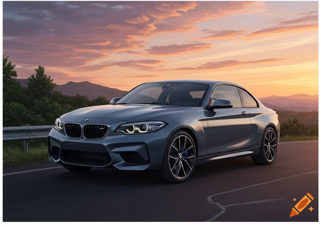 A gray BMW M2 car parked on a road at sunset with mountains in the background.