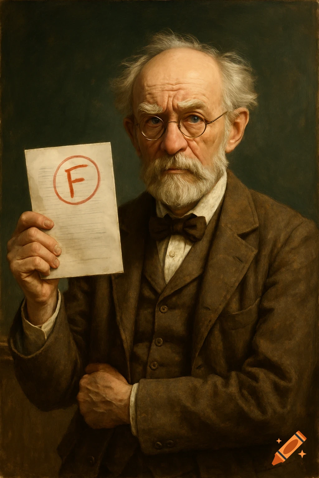 Classical portrait of a disgruntled old professor with a white beard, holding up a paper with a red F grade.