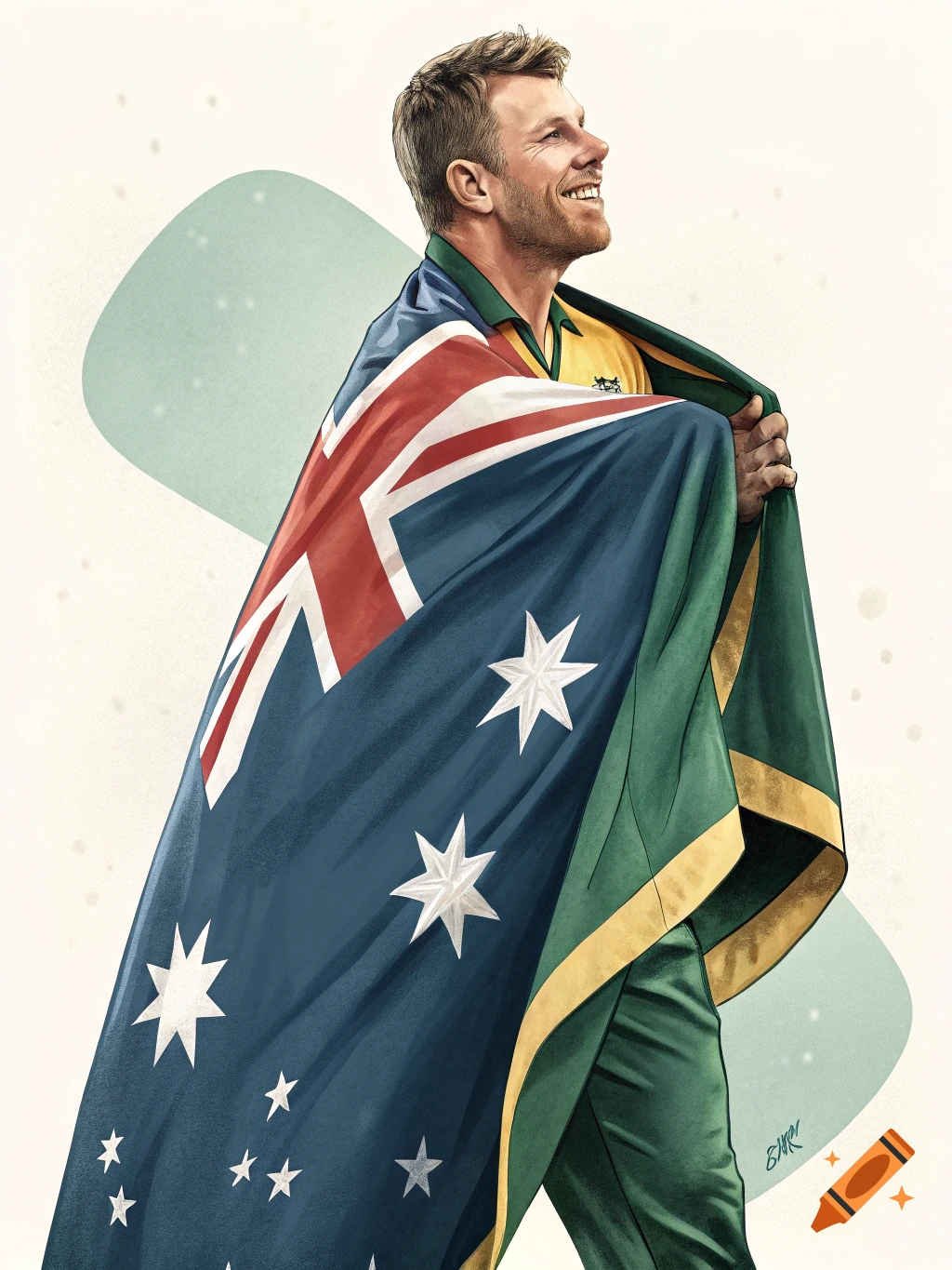 A smiling male cricket player, resembling David Warner, stands proudly wrapped in an Australian flag, depicted in an illustrative style.