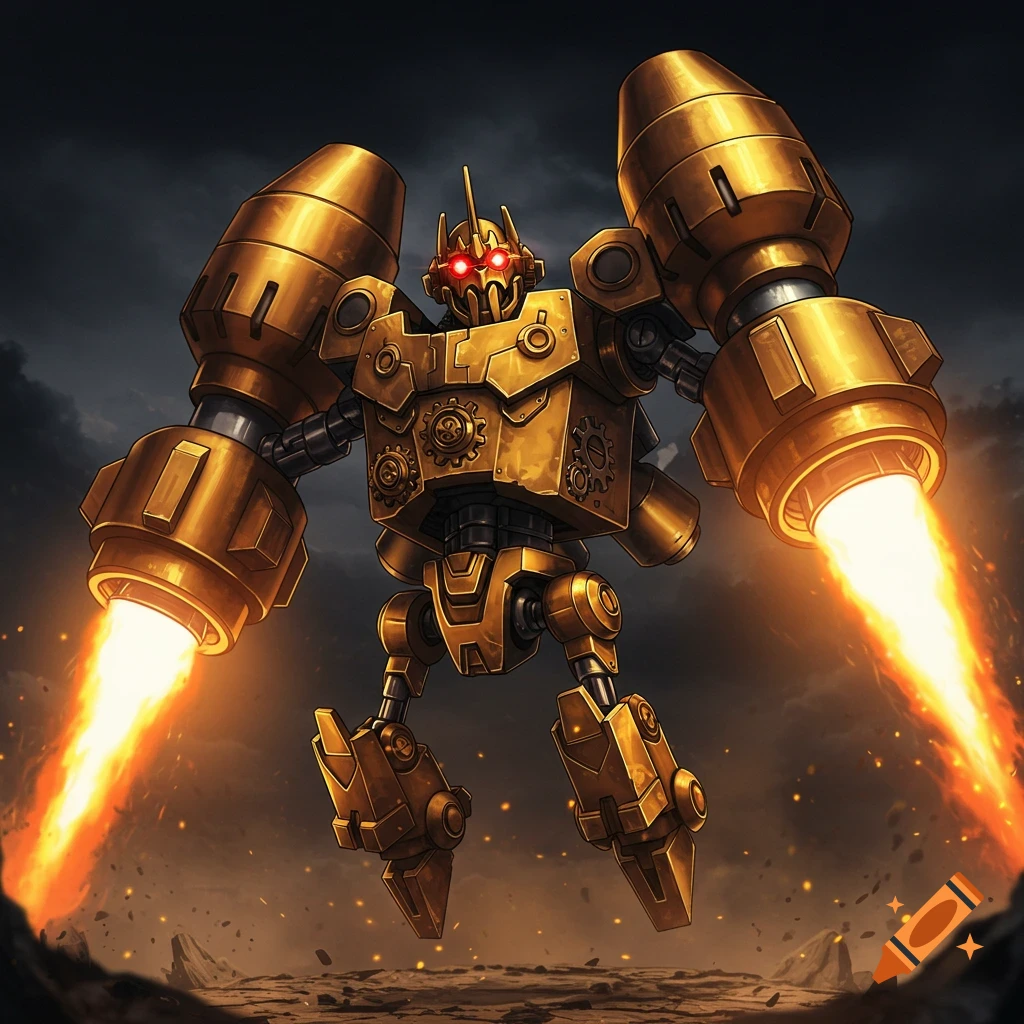 A golden, blocky mechanical robot with red eyes hovers, propelled by fiery boosters from its arms, against a dark, cloudy sky.