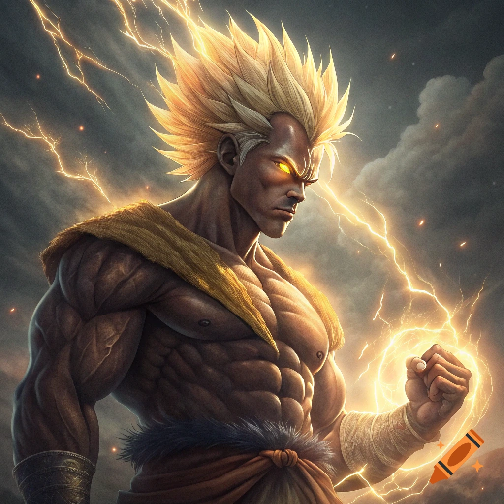 A powerful, muscular man with spiky golden hair and glowing eyes, surrounded by lightning, charging energy in his fist under a stormy sky.