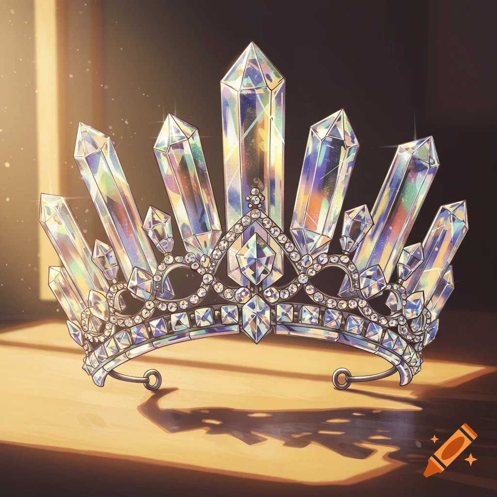 An illustration of a glittering crown made of large, sharp cut crystals, casting shadows on a wooden surface.