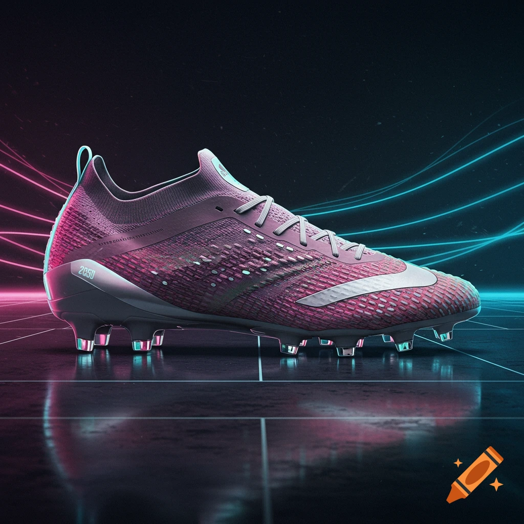 Photorealistic pink and grey futuristic football boot with neon pink and blue lighting against a dark background.