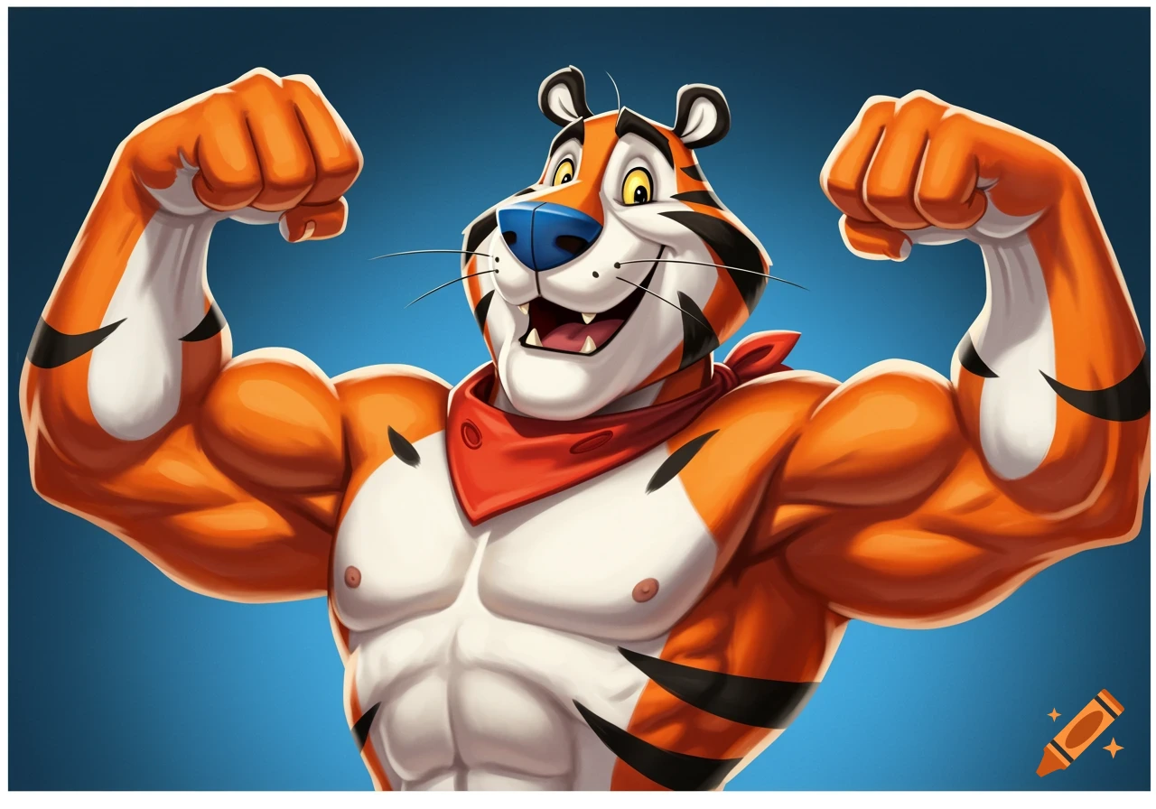 Tony the Tiger, an orange and white striped cartoon tiger with a red bandana, flexing his large muscles against a blue background.