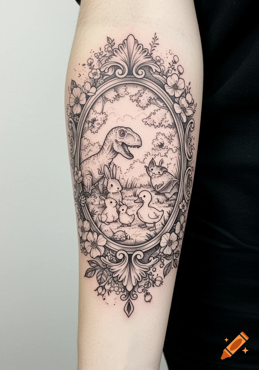 Black and grey forearm tattoo of an ornate floral frame encircling a scene with a T-Rex, bunnies, a duckling, and a bat.