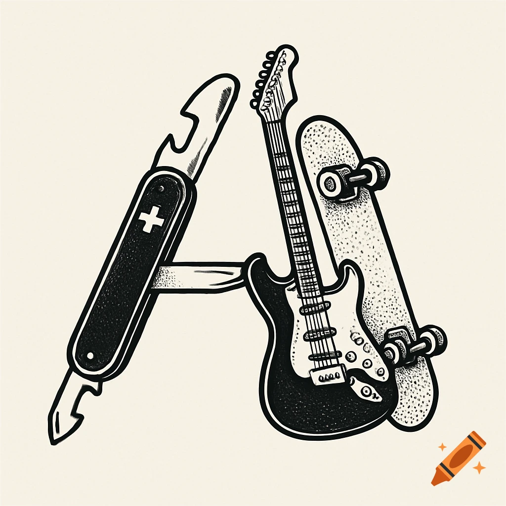 Black and white illustration of the letter A formed by a Swiss Army knife, an electric guitar, and a skateboard.
