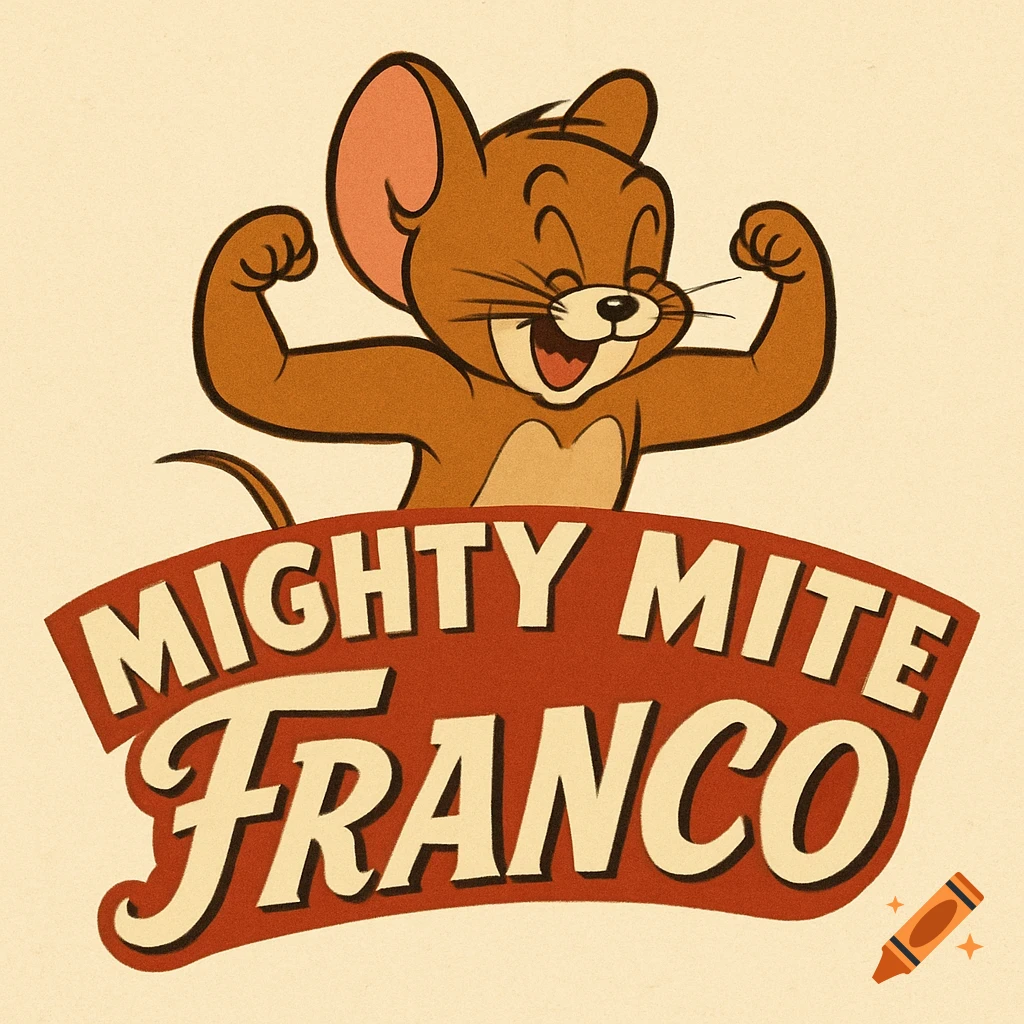 Jerry the mouse flexing above a red banner with 'MIGHTY MITE FRANCO' in a vintage 1950s cartoon logo style.
