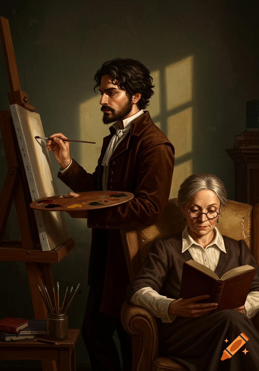 A man in historical attire paints at an easel while a woman reads a book in an armchair in a warmly lit room.